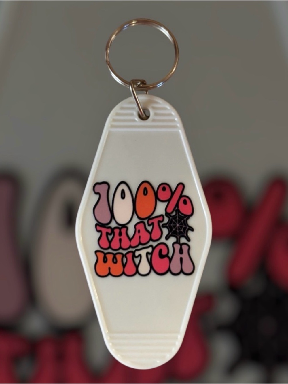 Novelty White '100% That Witch' Keychain - Retro Pink & Orange Graphic